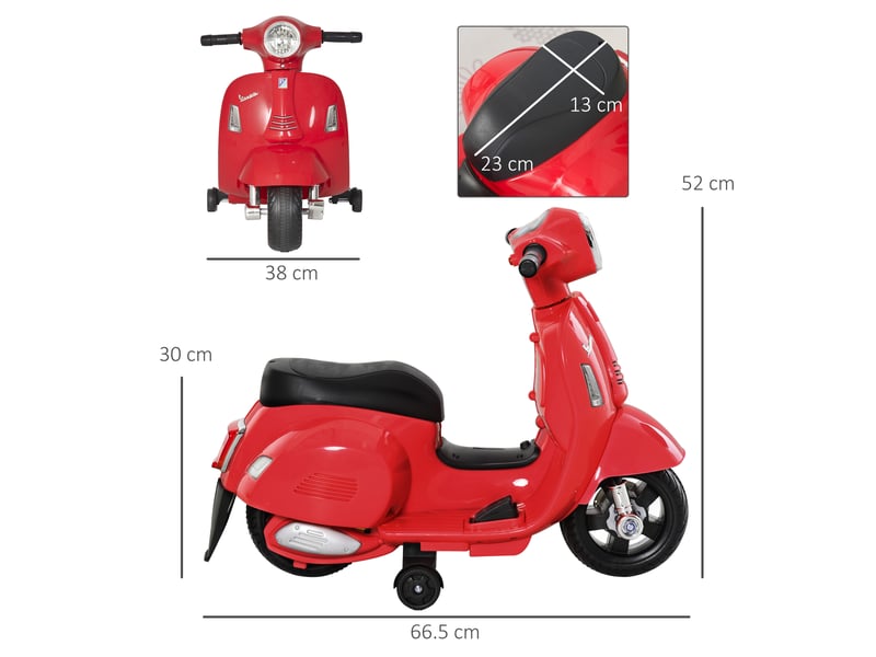  Moto électrique pour enfants de 18 à 36 mois avec licence vespa officielle, phares et klaxon, 66,5 x 38 x 52 cm, rouge  - Conforama E