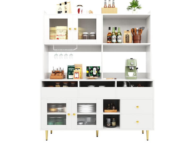 Buffet haut 145 x 39 x 171 cm – blanc et doré – portes en verre strié, range-bouteilles et tiroirs - Conforama A