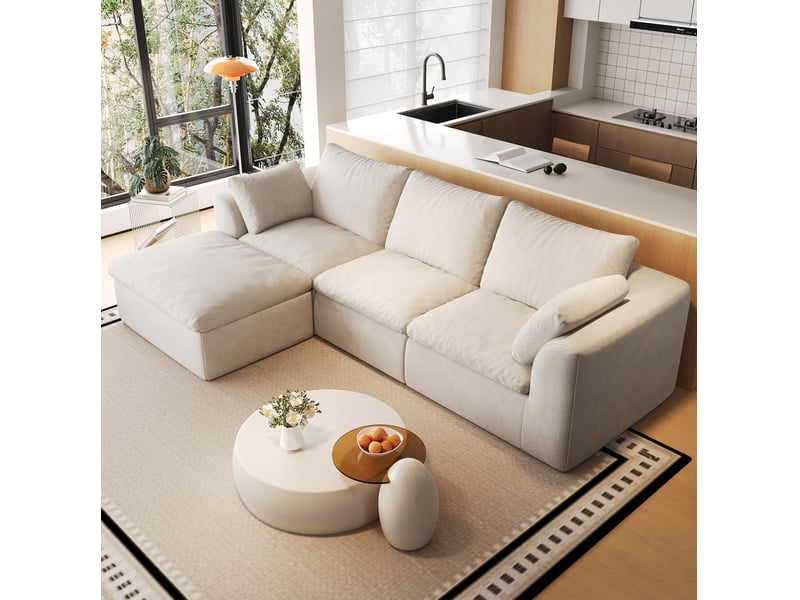  Canapé d’angle 4 places 245x155x83 cm en tissu de lin beige et blanc chicfurn  - Conforama C
