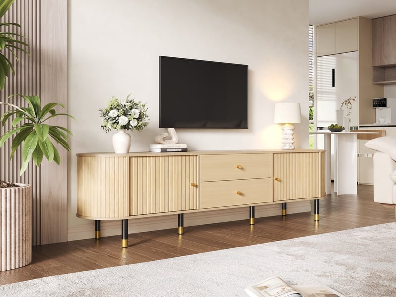  Meuble tv bas 180 cm, finition bois naturel, avec tiroir  - Conforama B