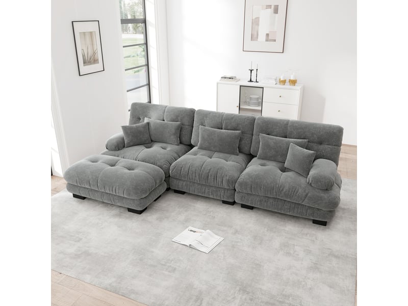  Canapé d'angle modulable avec ottoman, assise profonde et coussins d'appoint en chenille gris  - Conforama B