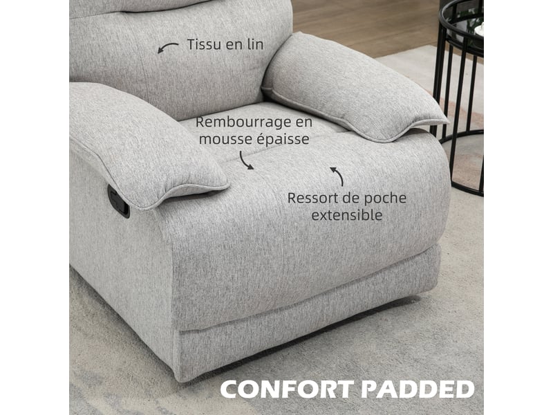  Fauteuil de relaxation inclinable pivotant tissu aspect lin gris clair 89x98x101 cm  - Conforama E
