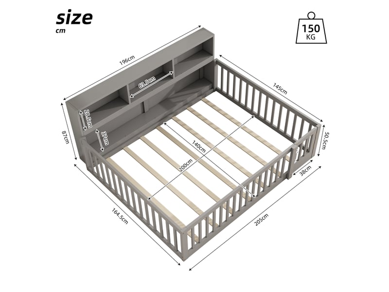  Lit enfant banquette 140 x 200 cm avec rangements latéraux, barrières et sommier, gris  - Conforama C