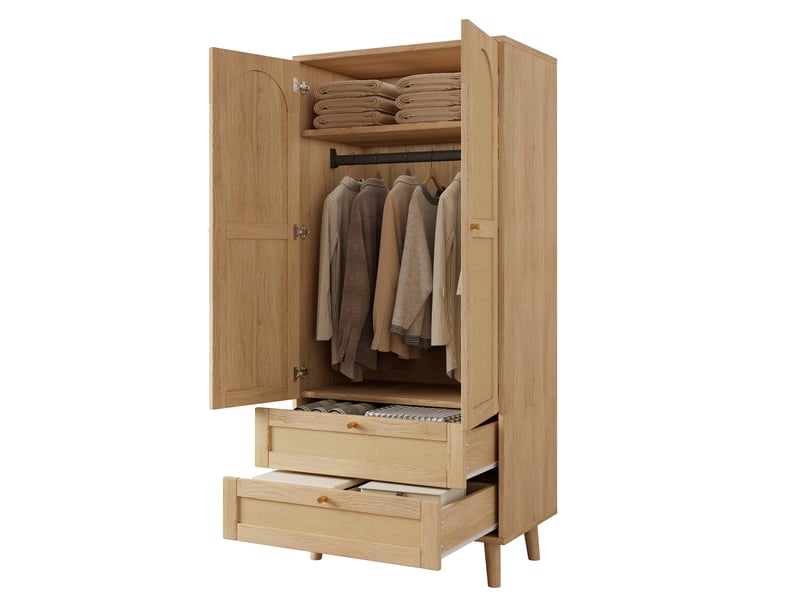  Armoire 80x50x180 cm avec penderie et 2 tiroirs, aspect rotin, naturel  - Conforama A