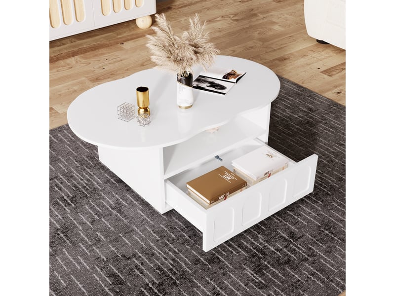  Table basse 100x60x40,5 cm forme nuage avec tiroir, blanc  - Conforama W