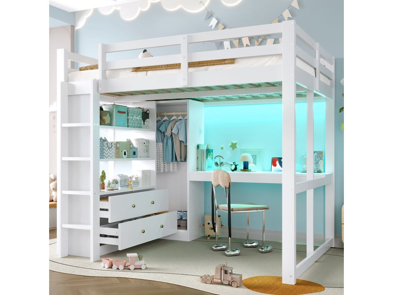 Lit mezzanine 140x200 cm blanc, avec bureau, 2 tiroirs, étagères, penderie, led, usb, sommier inclus, sans matelas - Conforama R