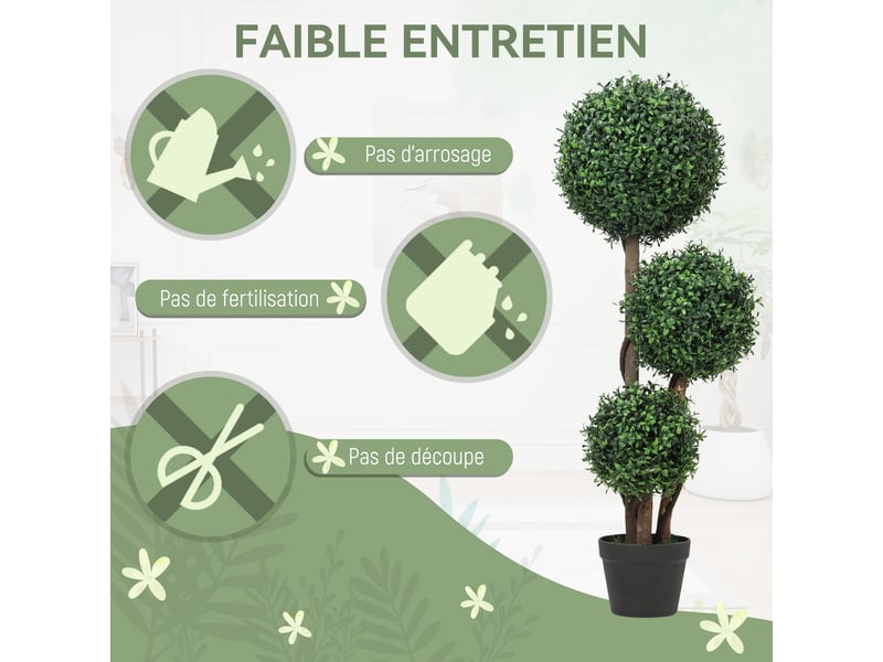  Plante artificielle 100 cm, 3 boules de buis, pot, arbre artificiel intérieur extérieur, facile à nettoyer, vert  - Conforama R