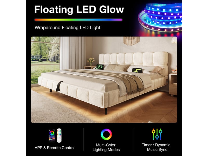  Lit double rembourré effet nuage avec led, rangement hydraulique, beige, 140×200 cm  - Conforama D