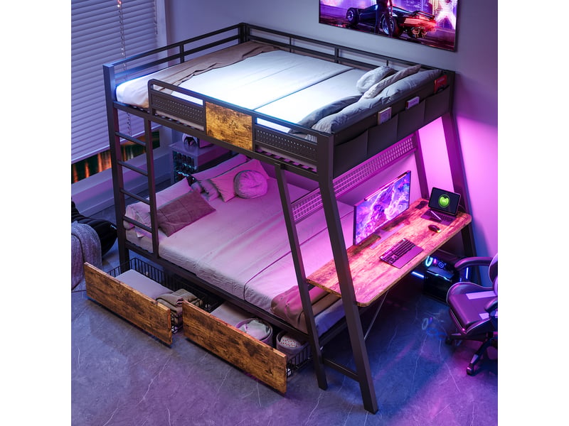  Lit double 140x200 cm, bureau latéral avec tabouret, rangement à deux niveaux, tête capitonnée et sommier à lattes, velours, bleu  - Conforama B