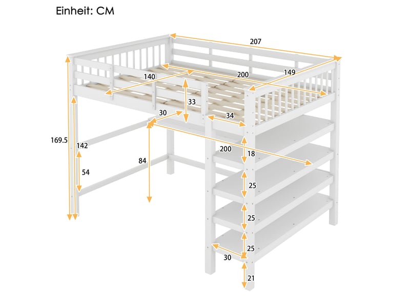  Lit mezzanine enfant 140x200 cm, table, étagère, garde-corps, sommier, pin blanc, sans matelas  - Conforama C