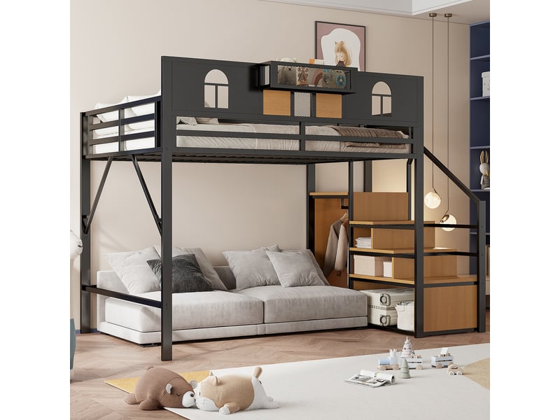  Lit mezzanine 140x200cm coloris noir métal lit enfant noir - Conforama E
