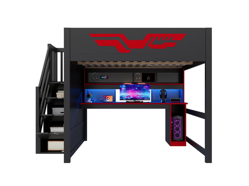 Lit mezzanine gaming 140 x 200 cm avec bureau, rangements, led et usb noir + rouge - Conforama A