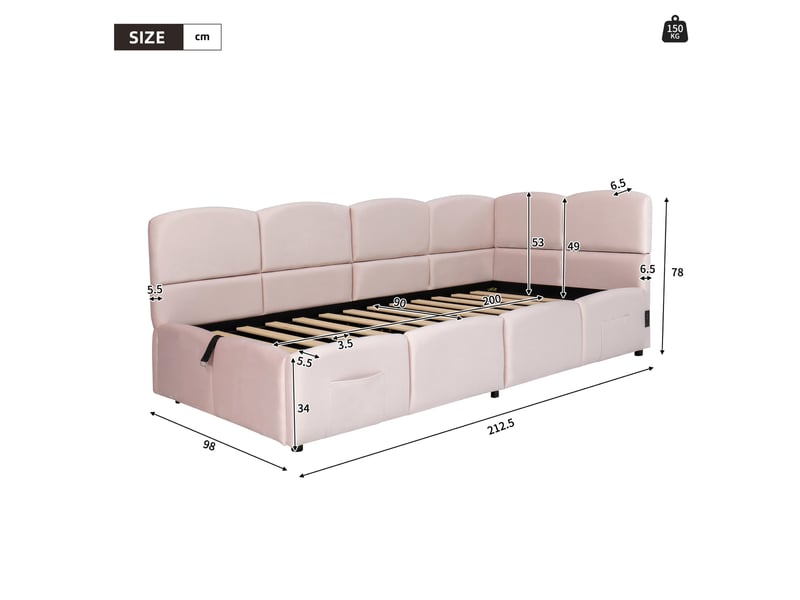  Lit coffre 90x200 cm avec ports usb et poches de rangement en velours rose  - Conforama E