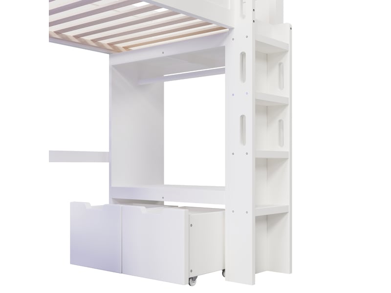  Lit mezzanine enfant 200×90 cm avec bureau, 2 tiroirs, penderie, led, usb et usb-c, sans matelas, blanc  - Conforama E