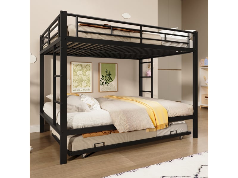  Lit superposé enfant 140 x 200 cm en métal noir avec lit gigogne 90 x 190 cm et barrières hautes, sans matelas  - Conforama E