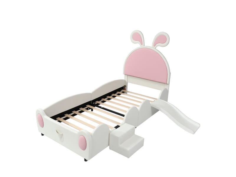  Lit enfant 90x200 cm, lit simple avec petit escalier, toboggan et sommier à lattes en bois, en pu,blanc et rose, sans matelas  - Conforama E