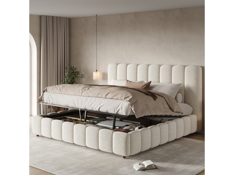  Lit coffre 200 x 200 cm avec rangement hydraulique, lit double rembourré en bouclé blanc avec tête de lit à panneaux verticaux et sommier à lattes  - Conforama B