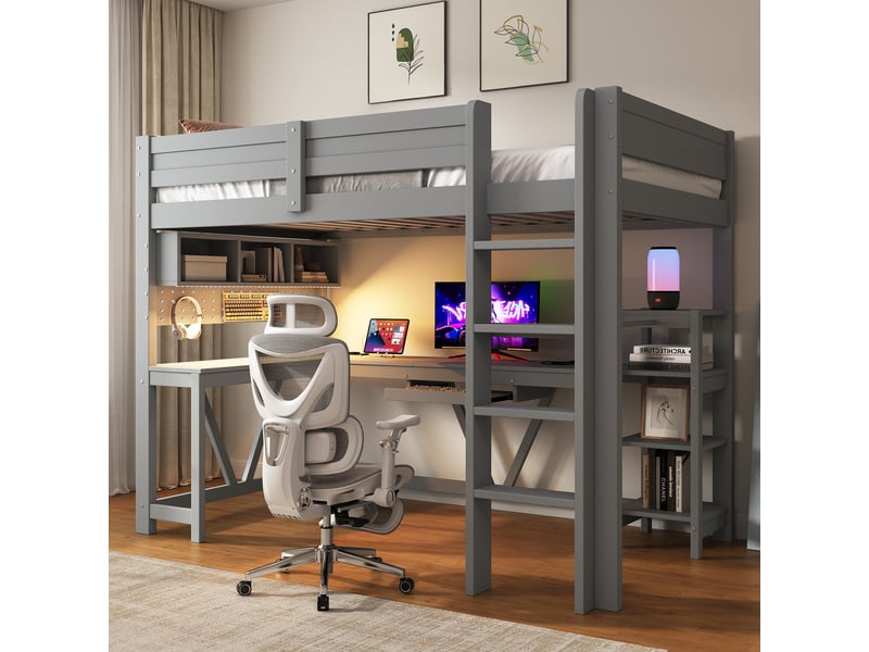 Lit mezzanine 90x200 cm, bureau avec tablette clavier coulissante, étagères et penderie, led multicolores, prise, usb et usb-c, gris OMNIGLINT TRADING LTD - Conforama B