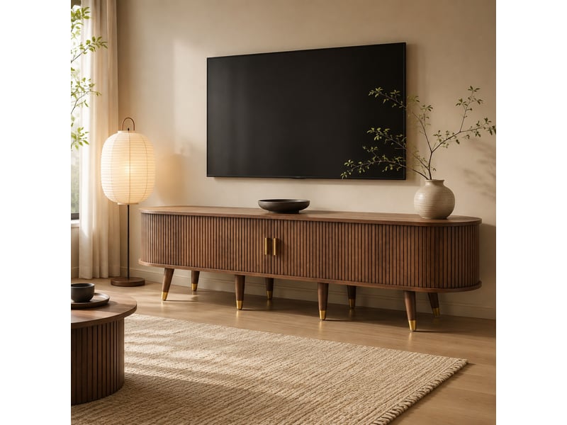  Meuble tv 175 cm avec porte coulissante en rotin, mdf aspect noyer  - Conforama B