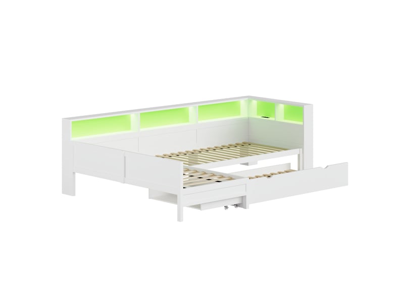 Lit enfant en l 90 x 200 cm avec tiroir, lit gigogne avec led, rangement et sommier, prise usb, mdf, blanc sans matelas  - Conforama E