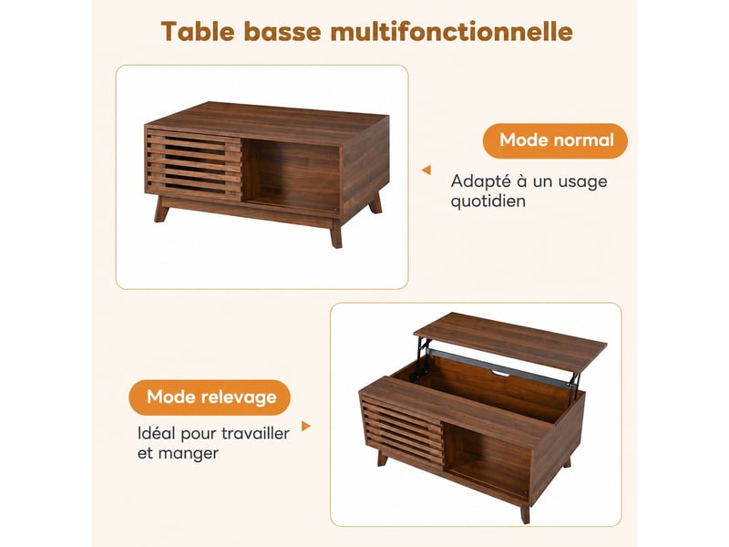  Table basse rectangulaire en mdf effet noyer avec plateau relevable et porte coulissante, 90 x 55 cm  - Conforama D