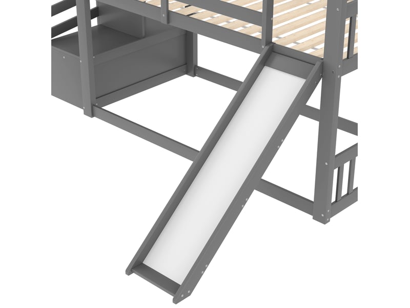  Lit à couchages superposés, 90x200 cm, avec escalier de rangement, toboggan, matelas non inclus, bois, coloris gris  - Conforama E