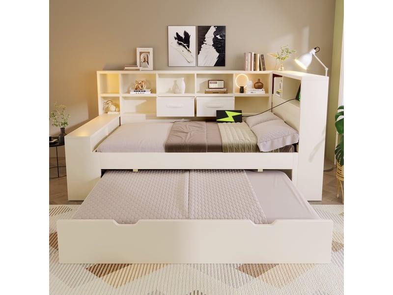  Lit gigogne 90x190 cm blanc bois de pin avec étagères et ports usb type-c rangement evarich - Conforama B
