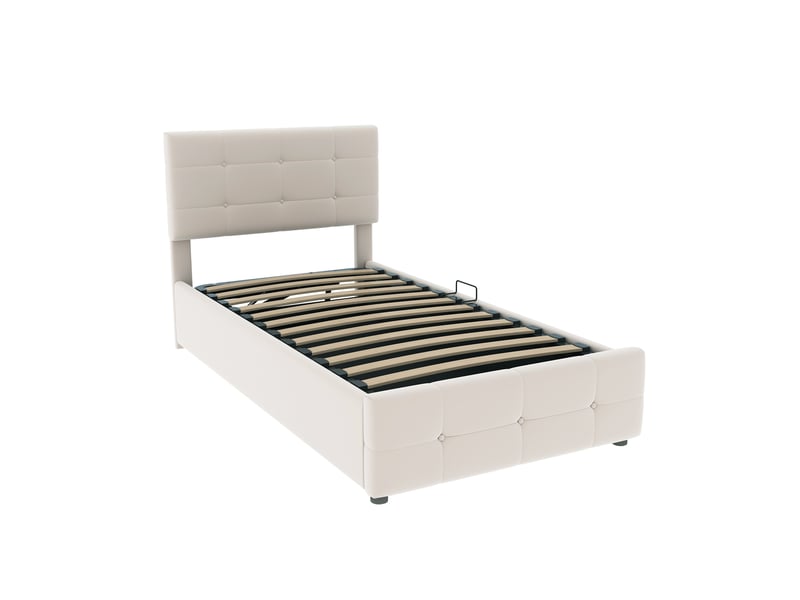  Lit coffre rembourré 90 x 200 cm, coffre à relevage hydraulique, tête de lit réglable, sommier à lattes, structure rembourrée, velours, beige ABC - Conforama A