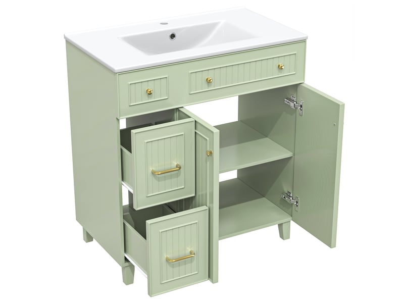  Meuble vasque salle de bain sur pied 81,7 cm avec rangement, vasque céramique et finition laquée  - Conforama A
