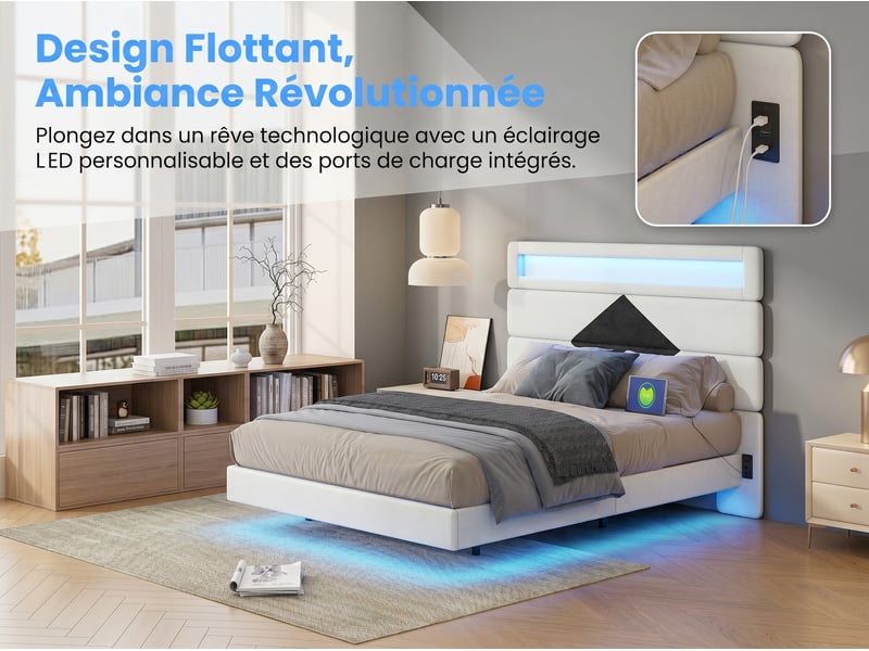 Lit 2 places 140x190 cm - usb et usb c - led intégrée - tissu velours blanc - Conforama D
