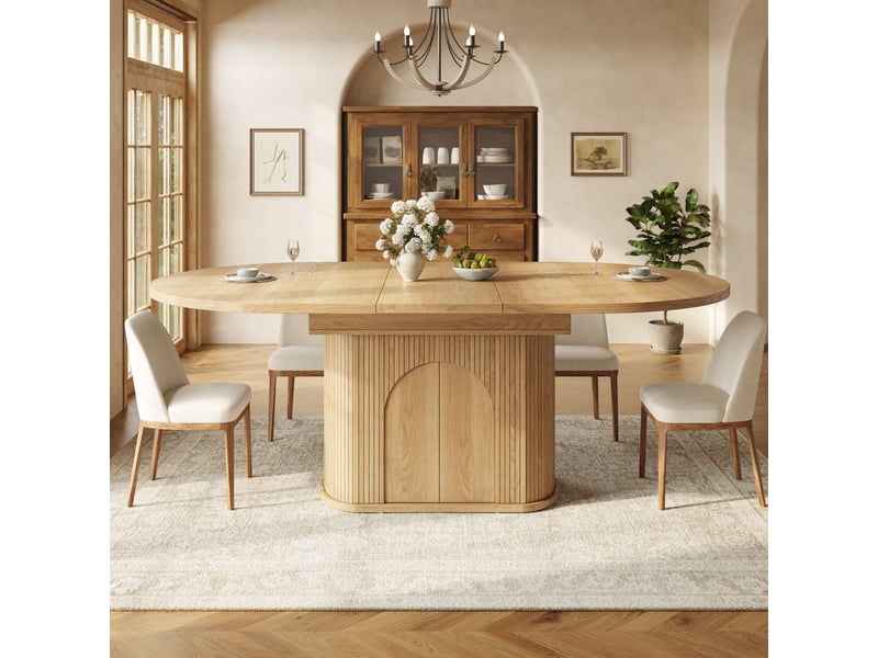  Table à manger ovale extensible 118-158x118x76,8cm naturelle, 2 à 6 personnes, rangements fermés, étagères réglables et portes push-to-open, pratique  - Conforama C