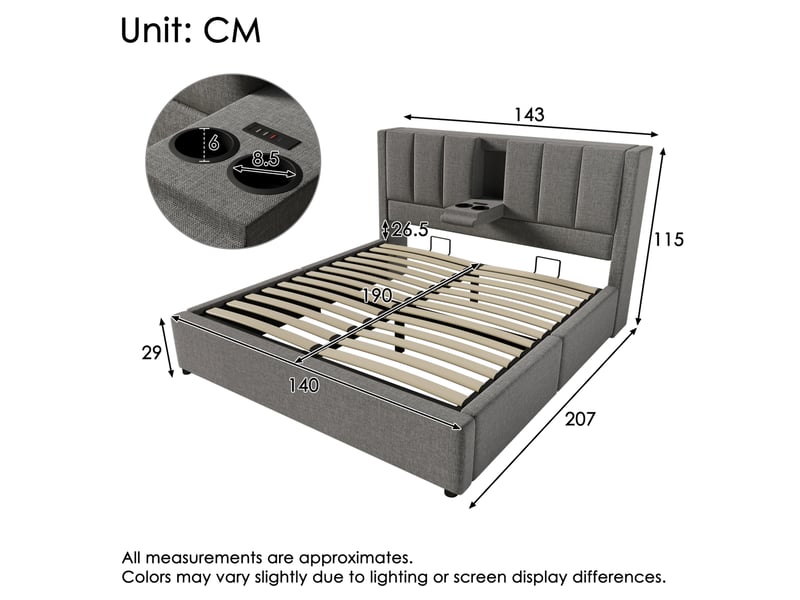  Lit coffre 140 x 190 cm gris en lin avec sommier à lattes, porte-gobelets et station de charge  - Conforama E
