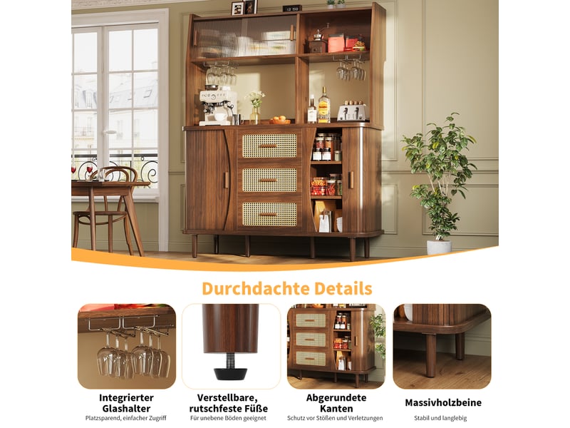  Buffet haut aspect noyer, 140x40,5x174,5 cm, mdf, 3 tiroirs aspect rotin, portes en verre coulissantes, charge 60 kg  - Conforama E
