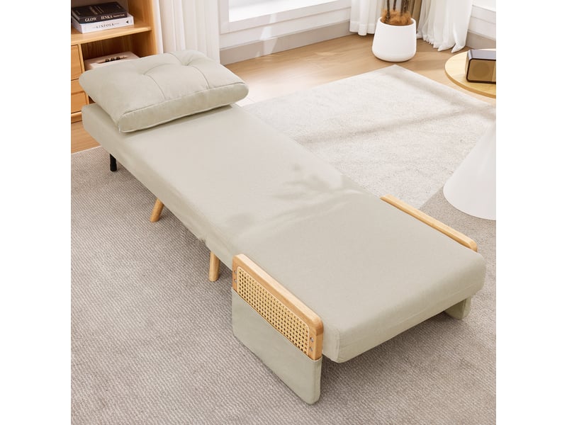  Fauteuil convertible 3 en 1 avec dossier réglable 5 positions et coussin, accoudoirs en rotin, en lin beige  - Conforama B