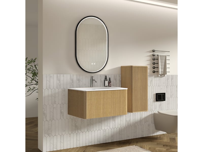  Ensemble meuble de salle de bain suspendu 80 cm avec miroir led coloris chêne  - Conforama B