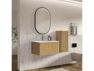 Ensemble meuble de salle de bain suspendu 80 cm avec miroir led coloris chêne
