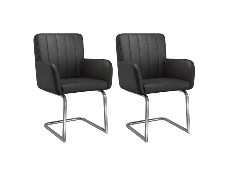  Ensemble de 2 chaises à manger à rayures verticales, assises rembourrées, pieds en métal zigzag, cuir synthétique noir  - Conforama D