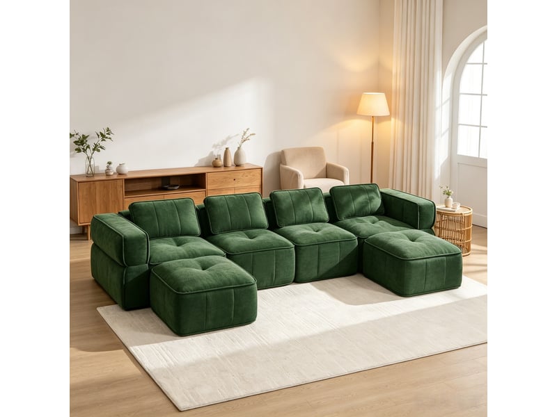 Sofa modulaire 4 places en u, 2 poufs, mousse 32d, assise profonde, tissu agréable, antidérapant, 344×162×67 cm, vert - Conforama D