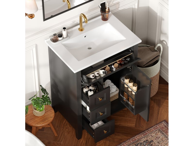 Meuble sous vasque 61x47x86 cm noir brillant avec vasque en céramique - Conforama D