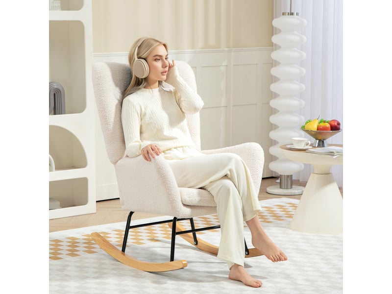  Fauteuil à bascule blanc crème avec accoudoirs, fauteuil d'allaitement en tissu bouclette et pieds en bois, 69x92x100 cm  - Conforama E