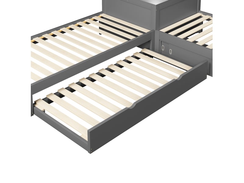  Lit gigogne 90 × 200 cm 1 place avec rangement à portes coulissantes et led, sans matelas, en pin, gris  - Conforama E