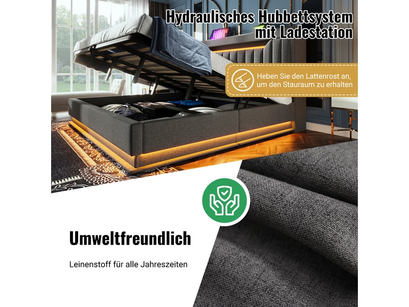  Lit coffre, lit enfant 90x200 cm, rangement hydraulique, tête de lit avec rangement, led tête et pied, lin gris, matelas inclus  - Conforama D