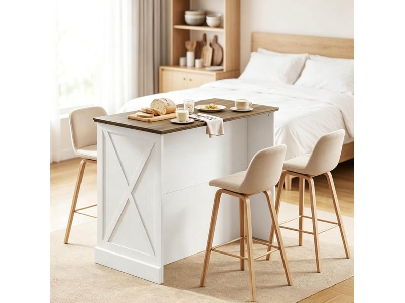  Îlot de cuisine fixe avec rangement, 2 tiroirs, placard coulissant, plan de travail  - Conforama E