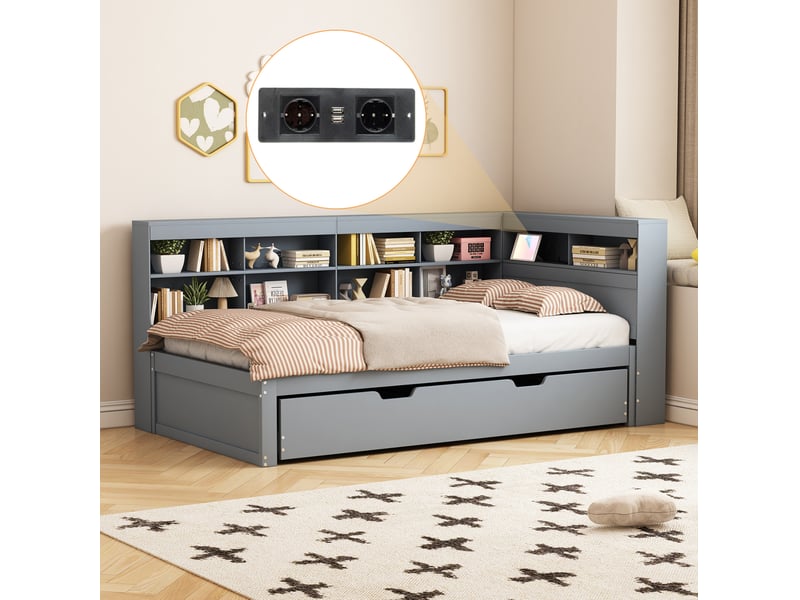  Lit simple 90x200 cm avec lit gigogne, prise usb et rangements, coloris gris  - Conforama E