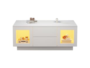 Table basse 100x50x40 cm avec led rgb via appli, 2 tiroirs, 2 portes vitrées, fermeture douce, finition blanc brillant, mdf, pour salon