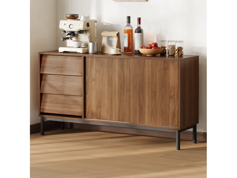 Buffet bas 150x40x80 cm en mdf coloris noyer avec 3 tiroirs et 2 portes coulissantes - Conforama D