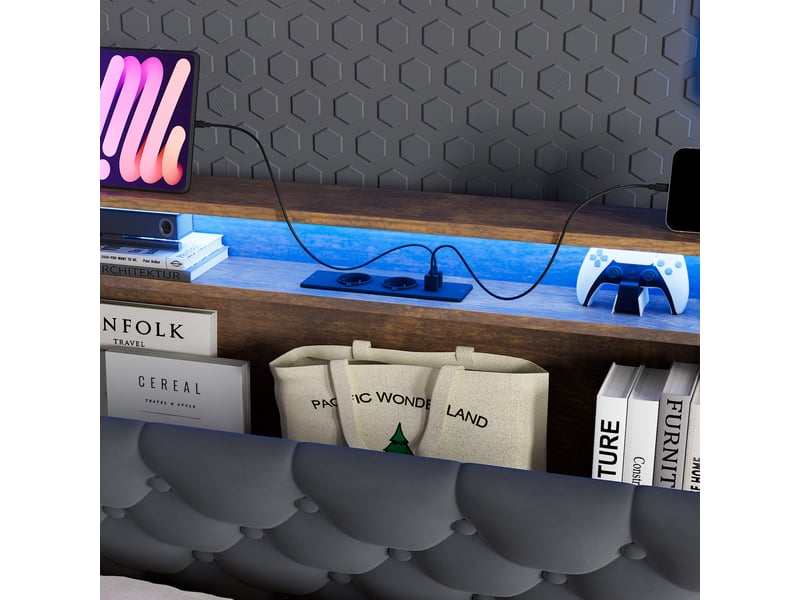  Lit coffre lit simple 90 x 190 cm en velours gris avec led, usb, type-c et étagère, sans matelas  - Conforama E