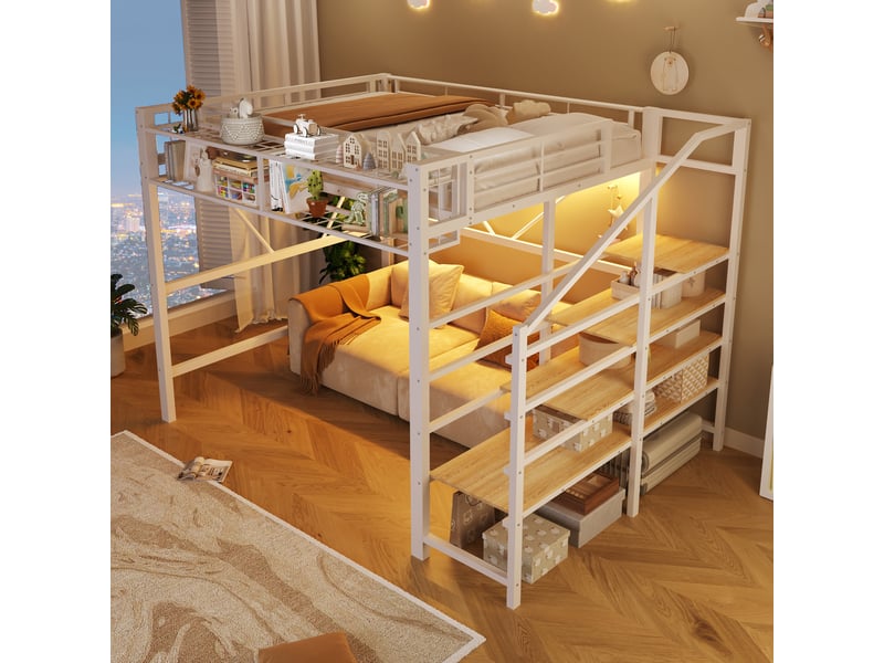  Lit superposé 140x200 cm, lit enfant, rangement, étagères, led, bois et métal blanc  - Conforama E