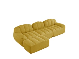 Canapé d'angle modulable 3 places avec ottomane en tissu bouclette jaune