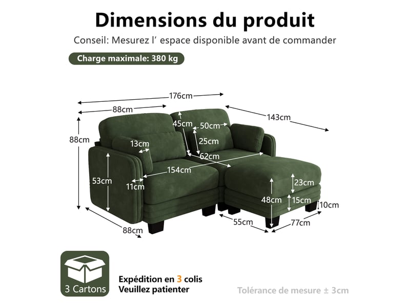 Canapé d’angle modulable 176 cm 2 places avec ottoman, coussins d’accoudoir amovibles, coussins lombaires épais à soutien renforcé, chenille, vert - Conforama D